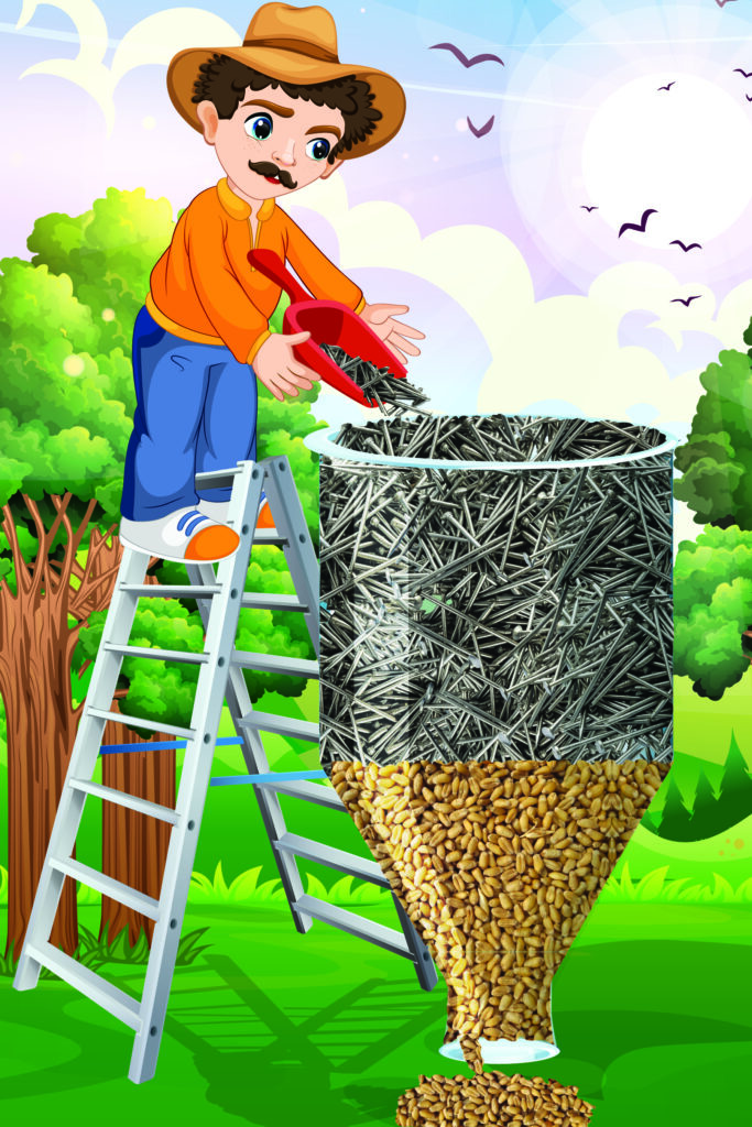 Man pouring nails, wheat coming out
