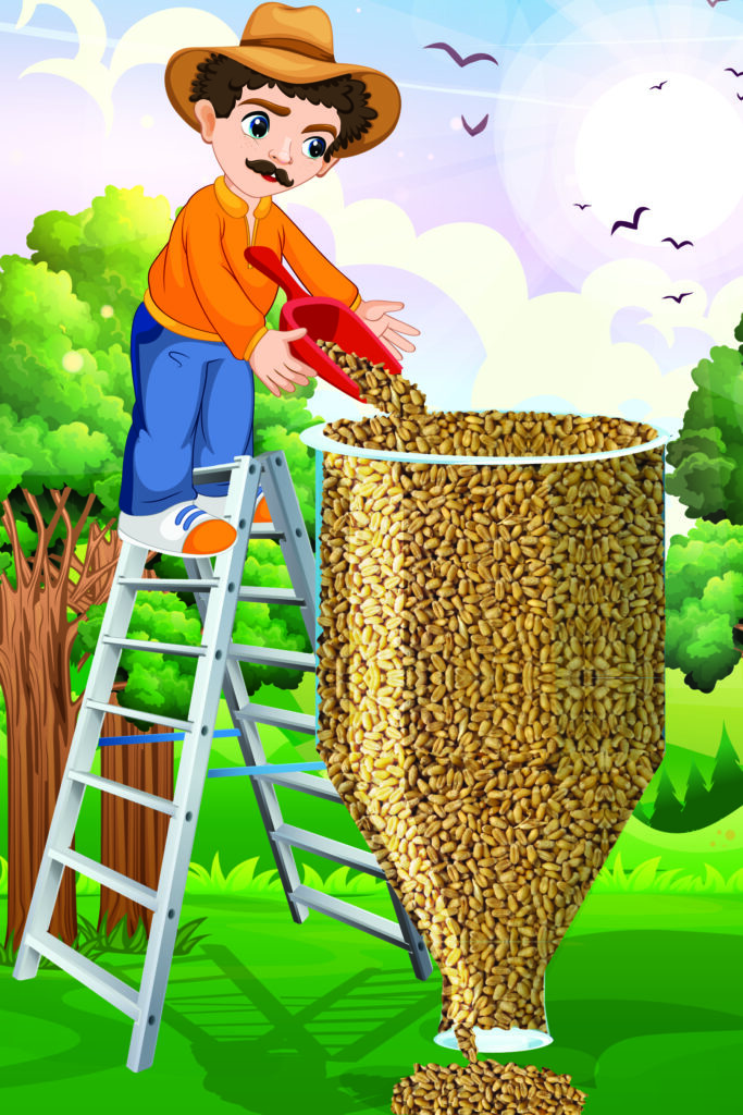 Man pouring wheat, wheat coming out